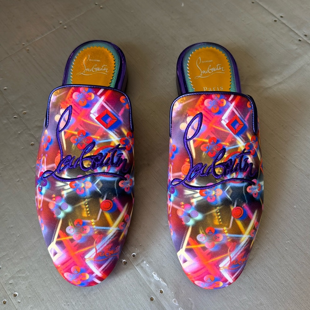 Christian Louboutin navy coolito flat slide moccasin loafer multi color sz 36.5
